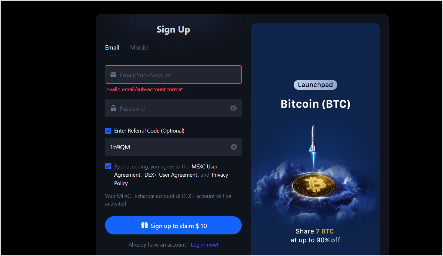 Enter MEXC referral code during sign up